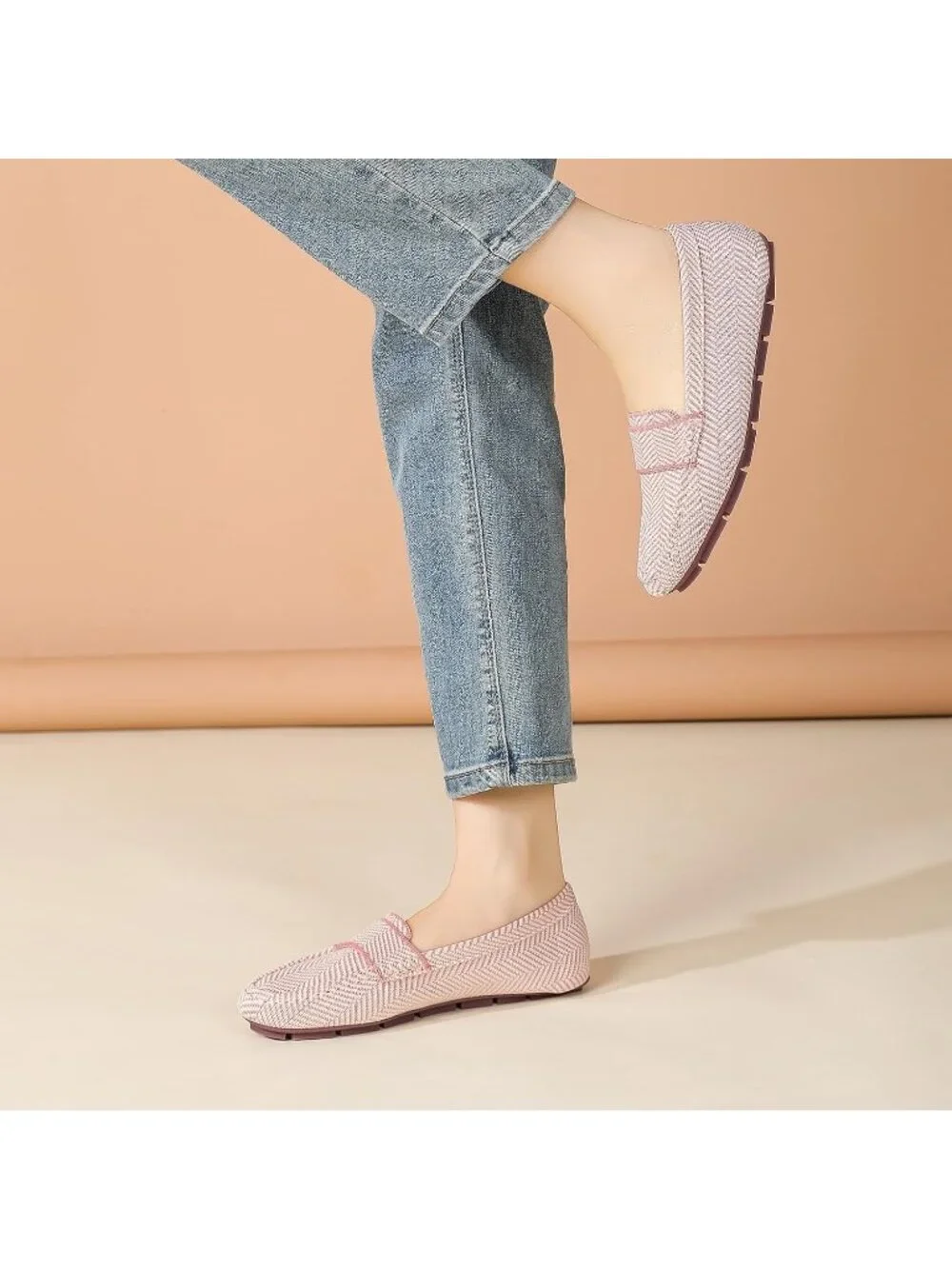 🆕Women's Pink Stripe Mesh fabric Loafer Shoes Comfortable Casual Flat Shoes